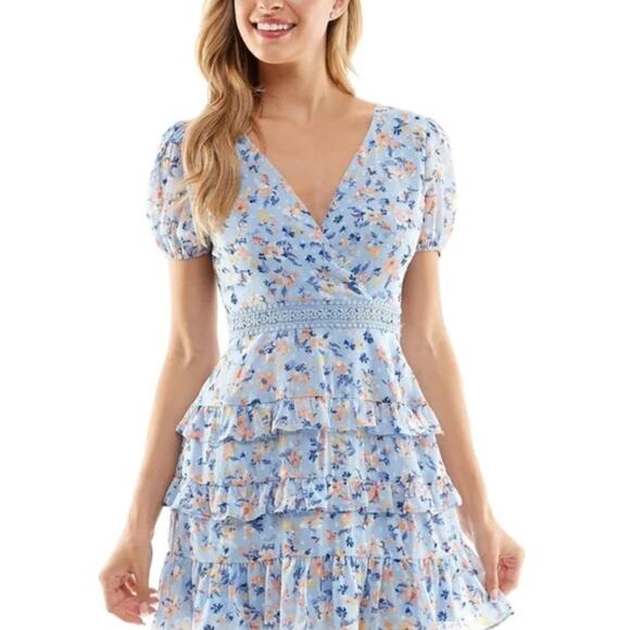City Studio Blue Floral Lace Tiered Ruffle Flounce Puff Sleeve Mini Dress Sz 11 - Picture 1 of 5